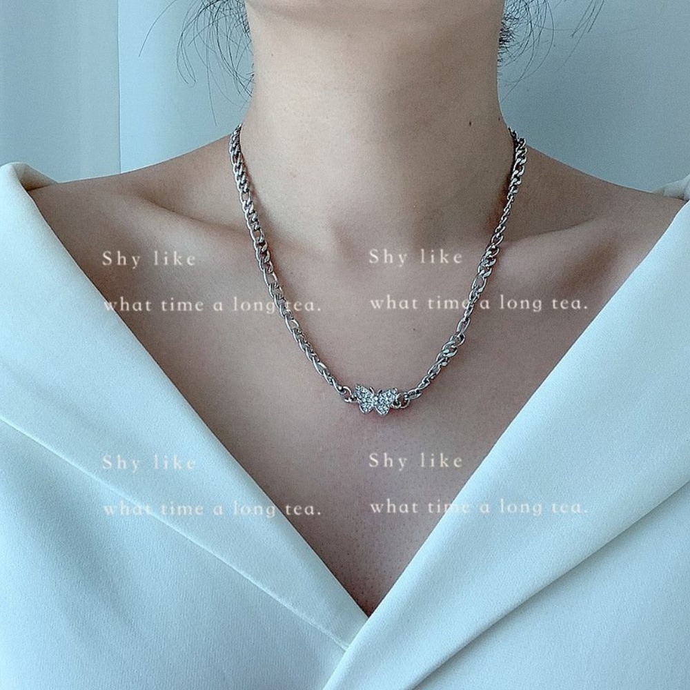 Silver CZ Butterfly Figaro Chain Choker